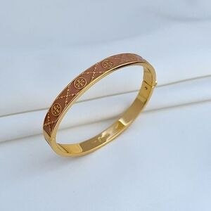 Tory Burch Gold-Tone Bracelet with Brown Enamel Logo Motif